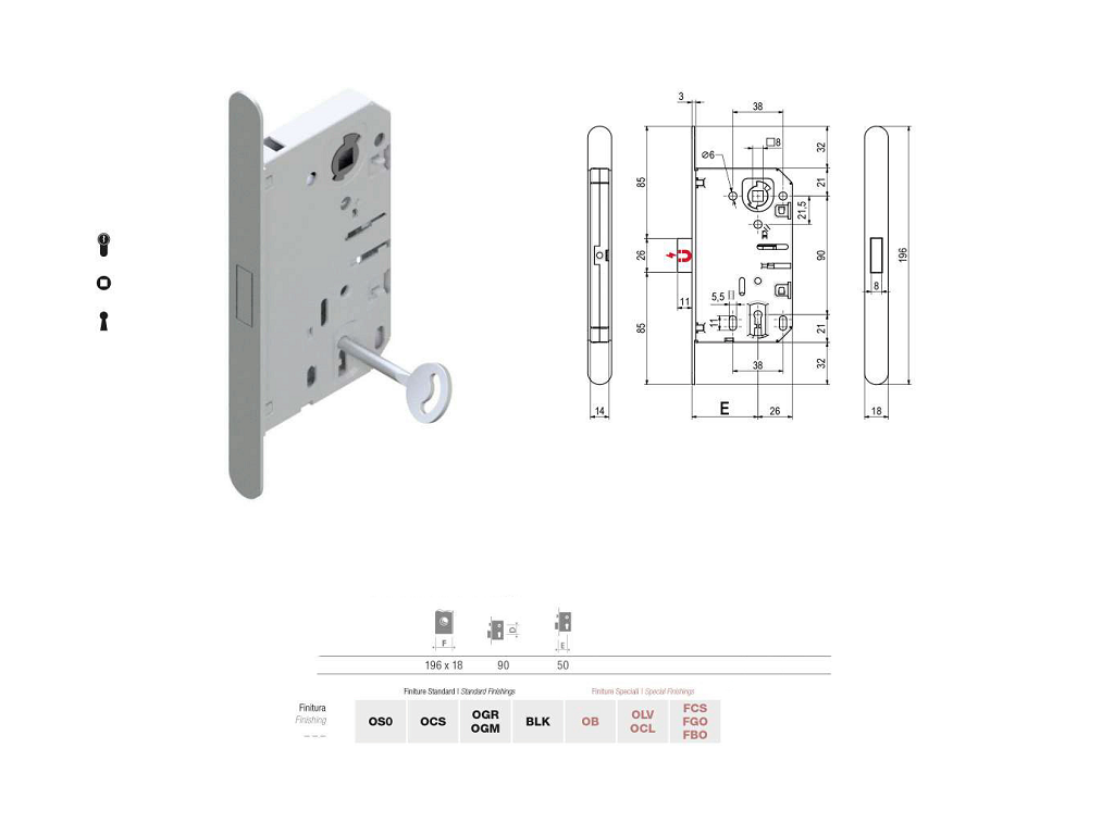 Serratura Patent Mediana Click Lock 2600 Magnetica Bordo Tondo Frontale 18x196 Q8 Chiave Interasse 90 Entrata 50 mm. varie finiture | SAB - immagine 5